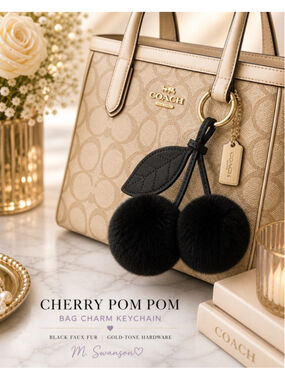 NEW Cherry Pom Pom Bag Charm Keychain Black Faux Fur NWT